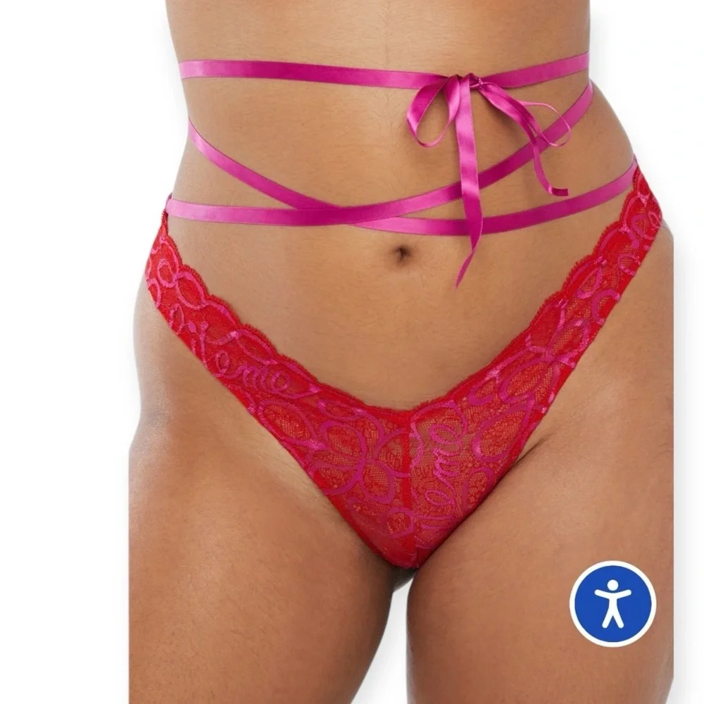 Savage Fenty Ribbon Writing Lace Brazilian Panty Underwear Lingerie Large New